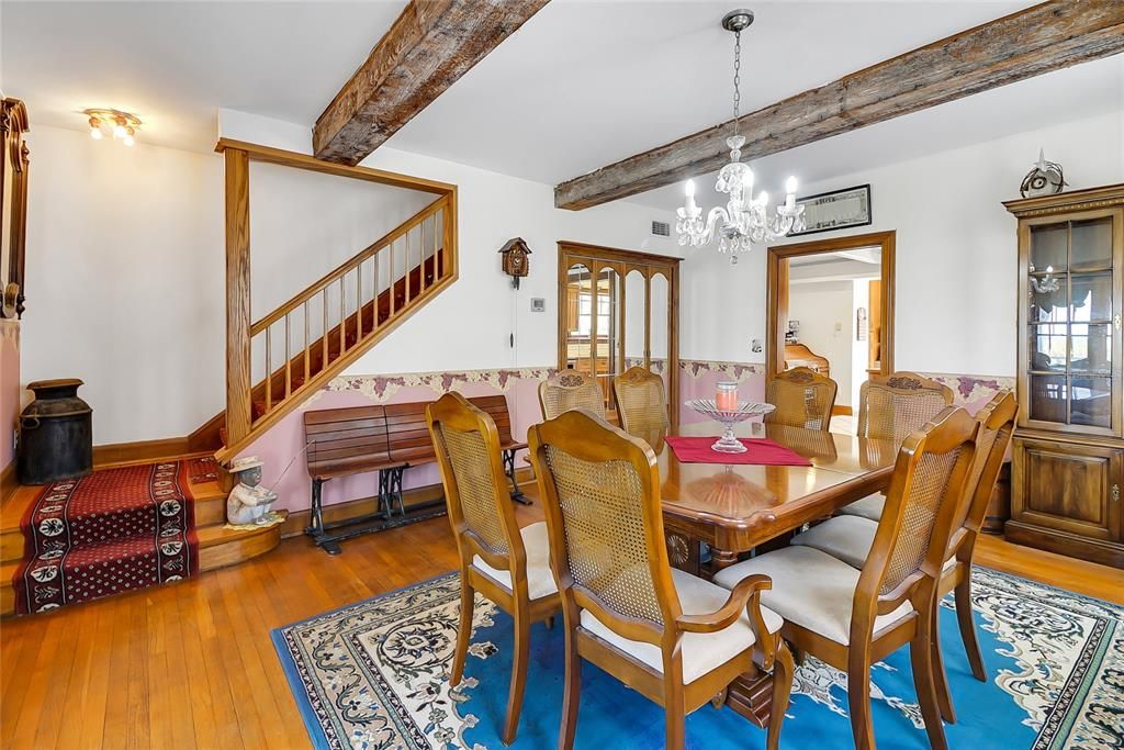 Chandelier, Dining room, Interior, Wooden Beams, Wood Texture Flooring