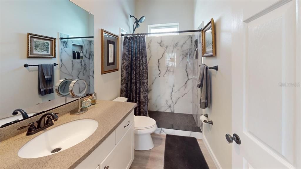 Bathroom, Interior, Marble Walls, Wood Texture Flooring