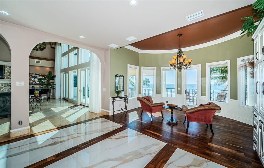 Chandelier, Interior, Living room, Marble, Recessed Lighting, Water, Wood Texture Flooring