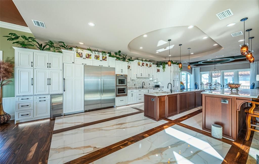 Interior, Kitchen, Marble, Pendant Lights, Recessed Lighting, Stainless Steel Appliances