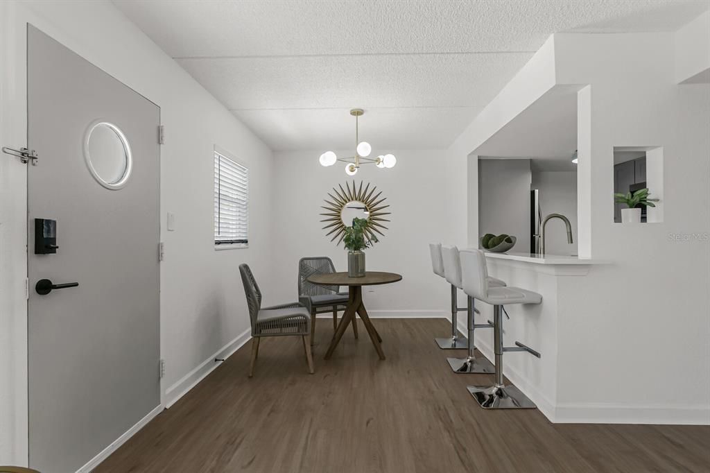 Dining room, Interior, Pendant Lights, Wood Texture Flooring