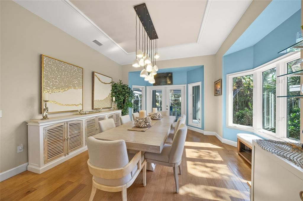 Dining room, Interior, Pendant Lights, Wood Texture Flooring