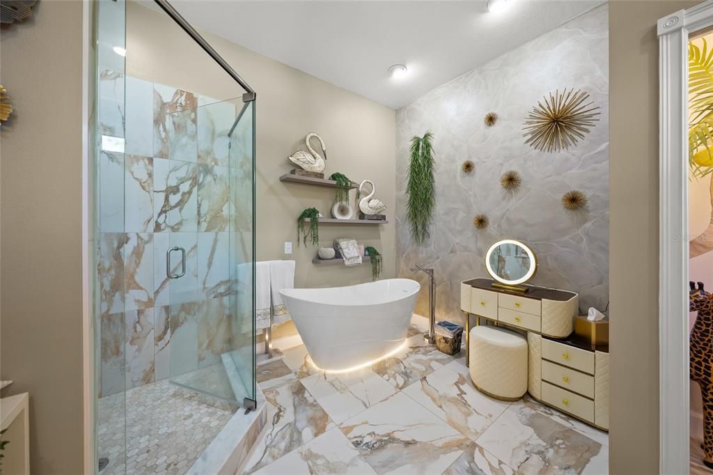Bathroom, Free Standing Baths, Glass Shower, Interior, Marble, Marble Walls, Recessed Lighting