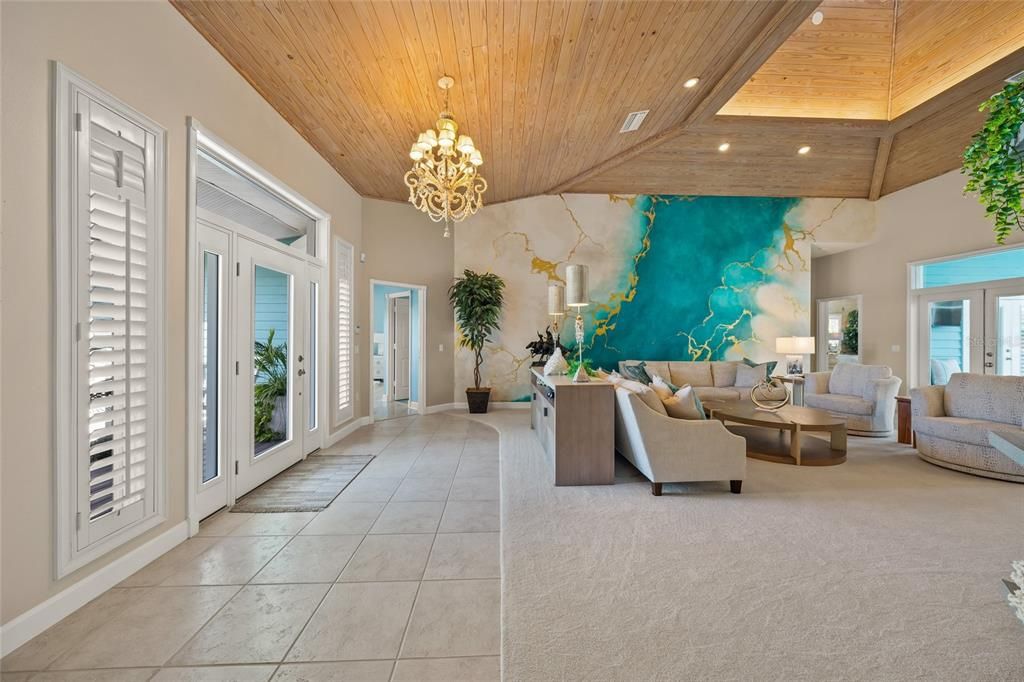 Chandelier, Interior, Living room, Recessed Lighting, Wooden Ceilings