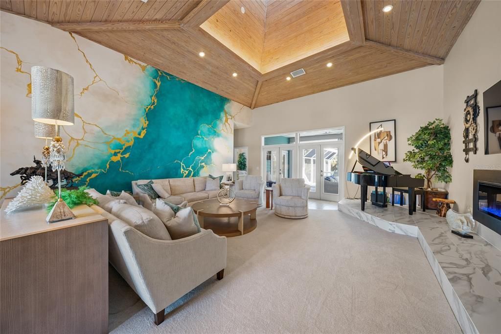 Fireplace, Interior, Living room, Marble, Piano, Recessed Lighting, Wooden Beams, Wooden Ceilings