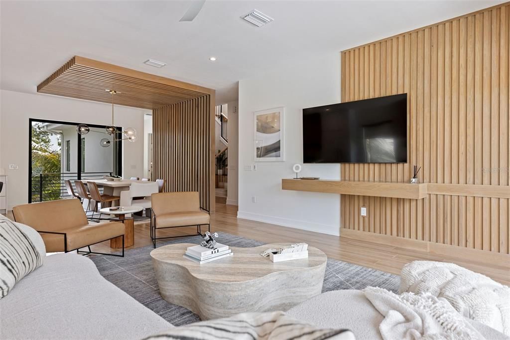 Dining room, Interior, Living room, Pendant Lights, Recessed Lighting, Wood Texture Flooring