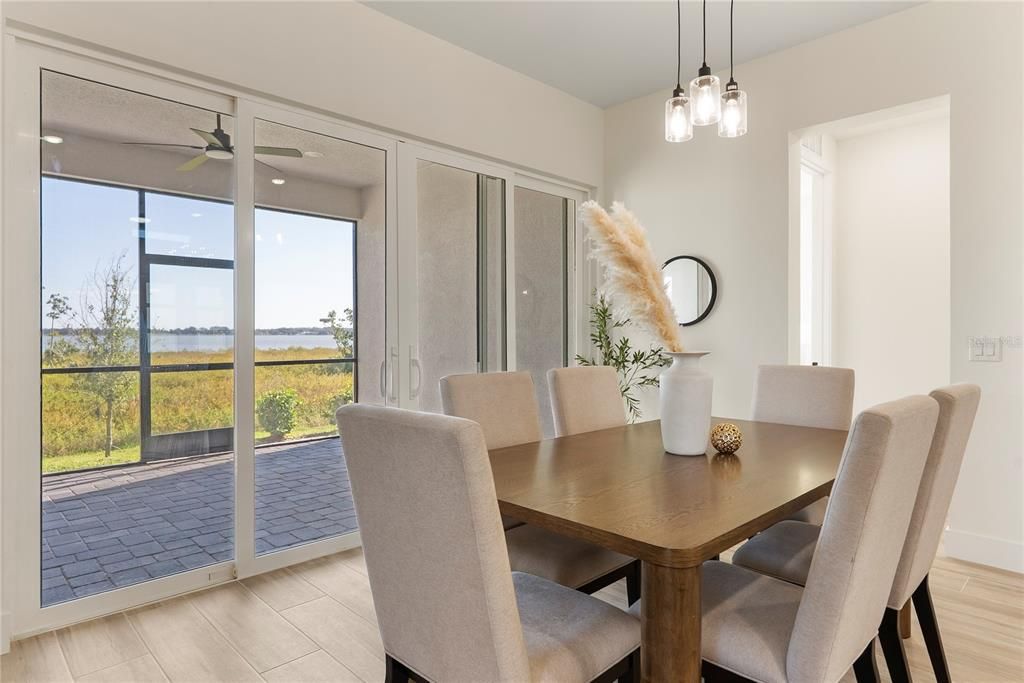 Dining room, Interior, Pendant Lights, Water, Wood Texture Flooring