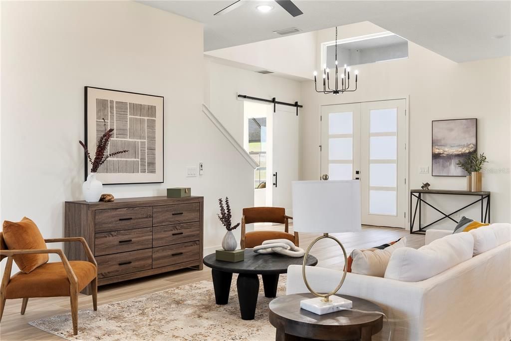 Chandelier, Interior, Living room, Pendant Lights, Recessed Lighting, Wood Texture Flooring