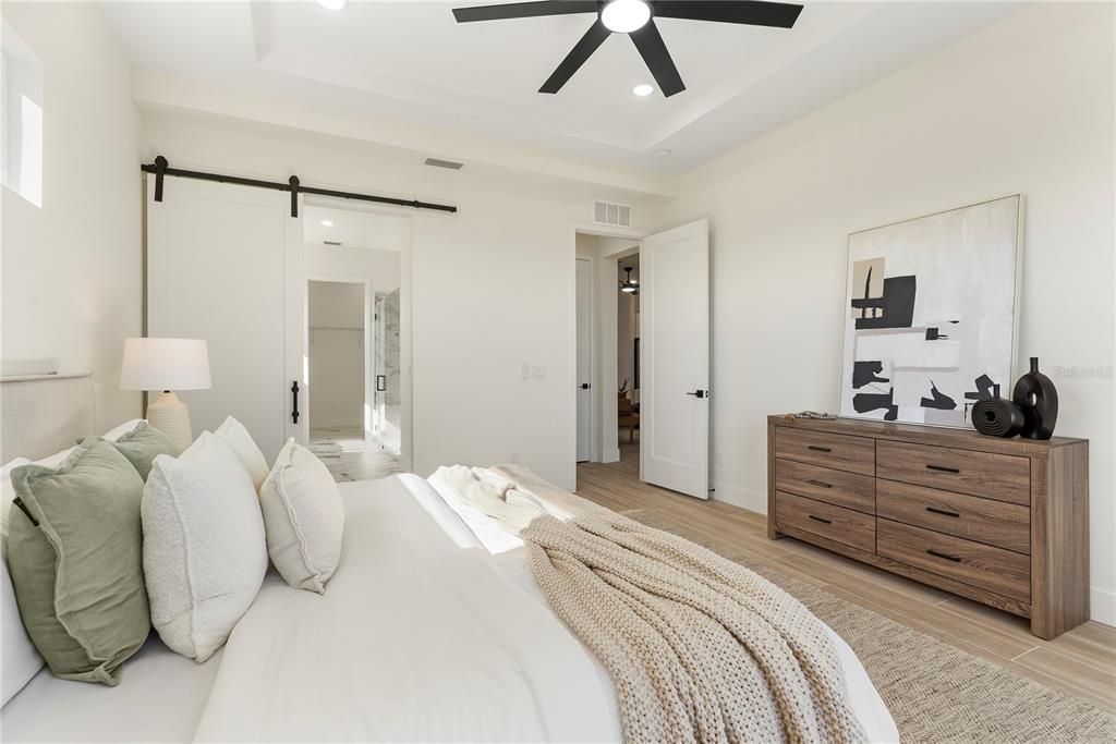 Bedroom, Interior, Recessed Lighting, Wood Texture Flooring