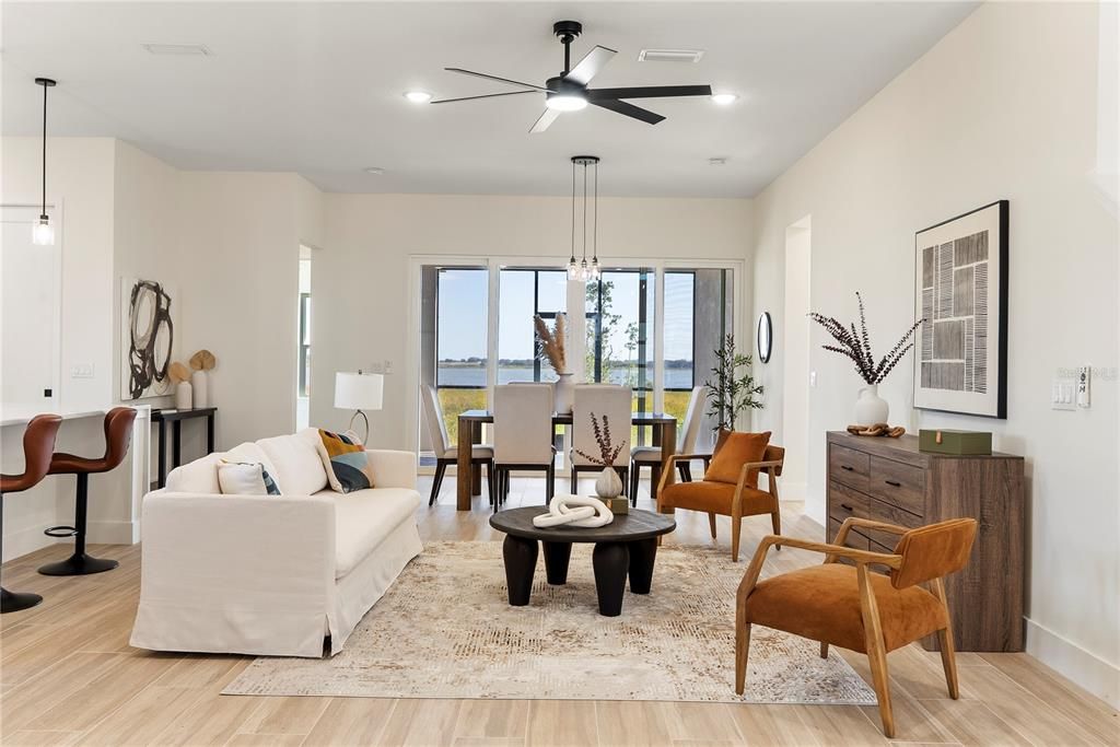 Dining room, Interior, Living room, Pendant Lights, Recessed Lighting, Water, Wood Texture Flooring