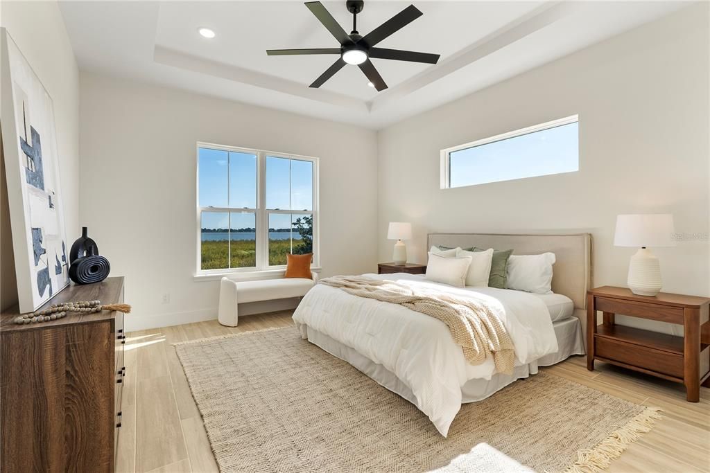 Bedroom, Interior, Recessed Lighting, Water, Wood Texture Flooring