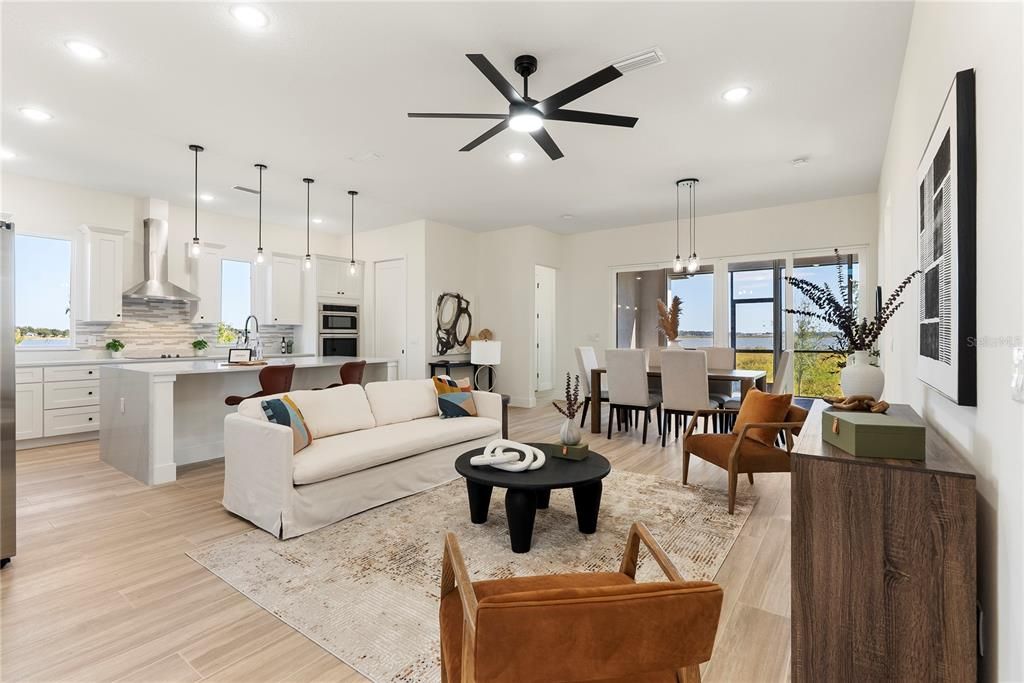 Dining room, Interior, Kitchen, Living room, Pendant Lights, Recessed Lighting, Stainless Steel Appliances, Wood Texture Flooring