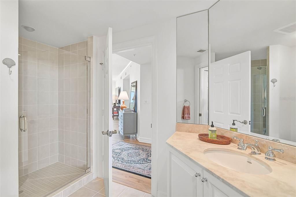 Bathroom, Glass Shower, Interior, Wood Texture Flooring