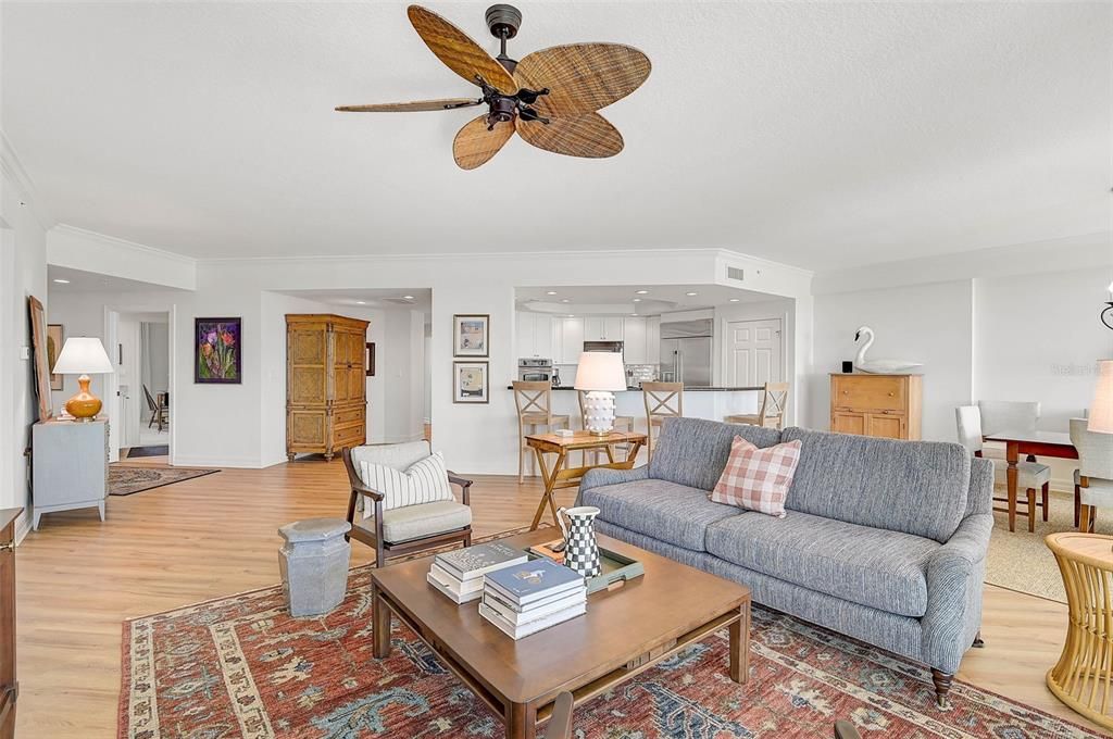 Dining room, Interior, Kitchen, Living room, Recessed Lighting, Stainless Steel Appliances, Wood Texture Flooring