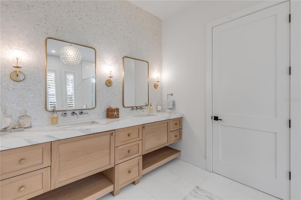 Bathroom, Chandelier, Dual Sink Vanities, Interior, Marble