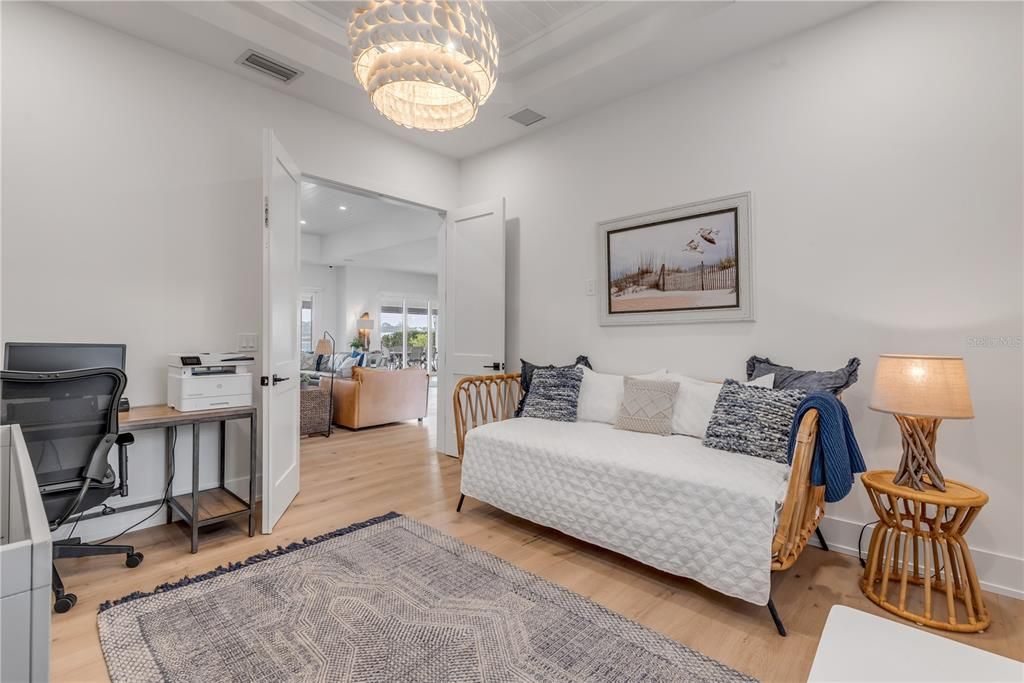 Chandelier, Home Office, Interior, Recessed Lighting, Wood Texture Flooring