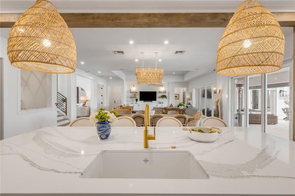 Chandelier, Dining room, Interior, Living room, Pendant Lights, Recessed Lighting, Wooden Beams