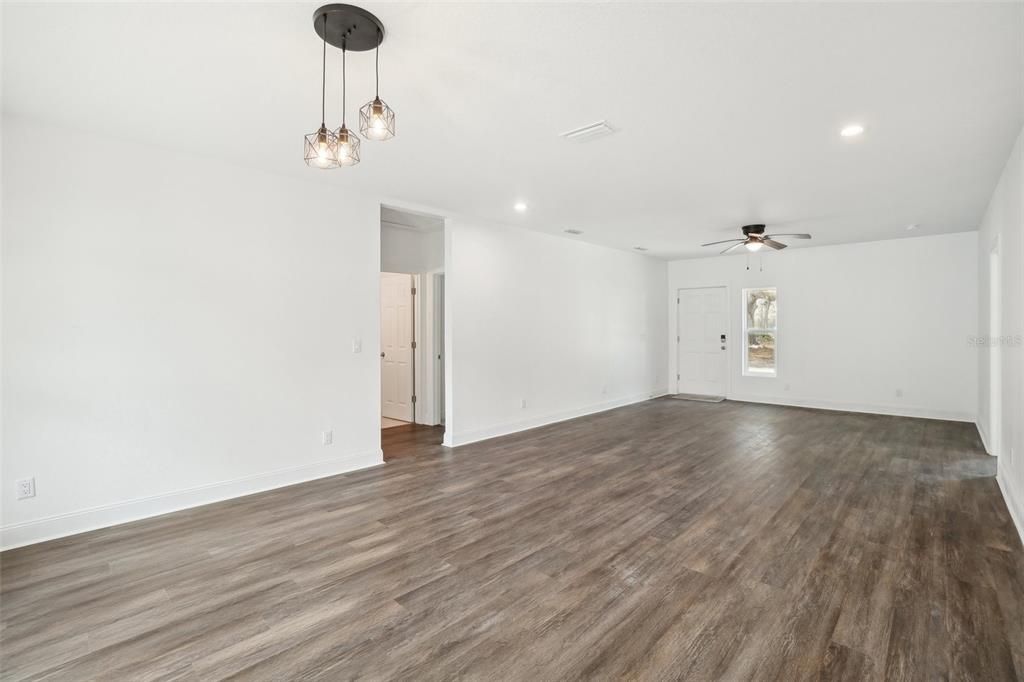 Empty room, Interior, Pendant Lights, Recessed Lighting, Wood Texture Flooring