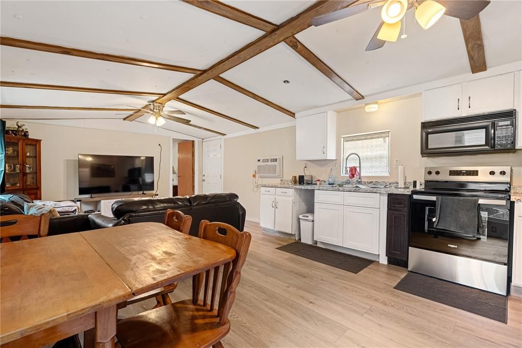 Dining room, Interior, Kitchen, Living room, Stainless Steel Appliances, Wooden Beams, Wood Texture Flooring