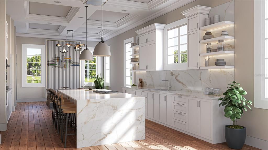 Interior, Kitchen, Marble Walls, Pendant Lights, Recessed Lighting, Wood Texture Flooring