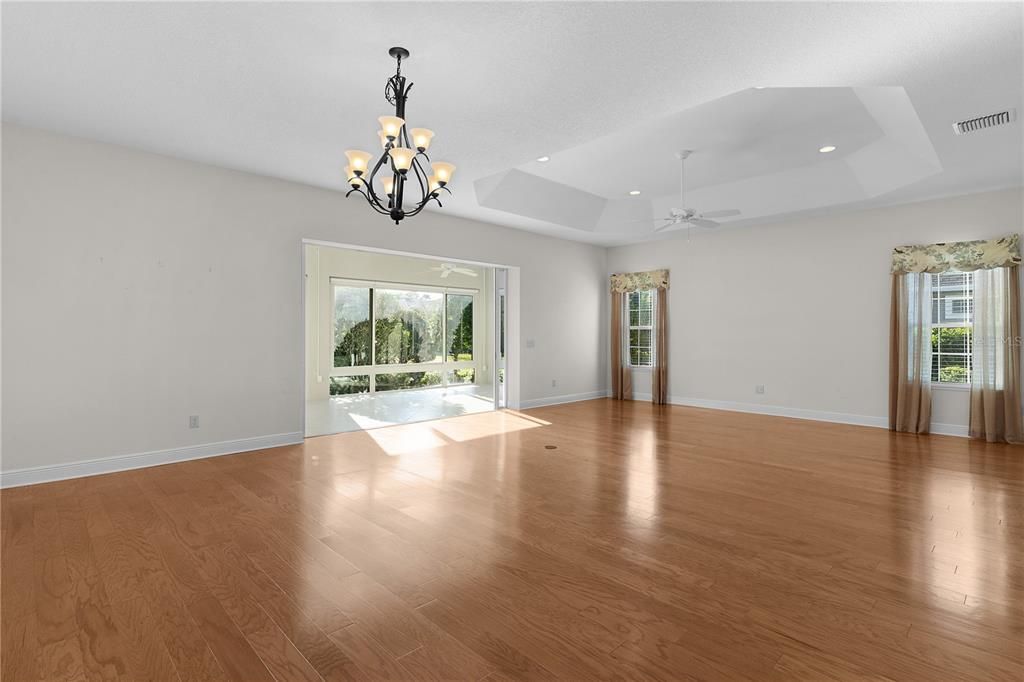 Chandelier, Empty room, Interior, Recessed Lighting, Wood Texture Flooring