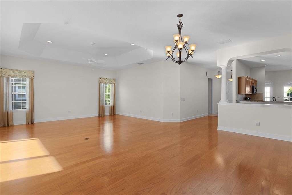 Chandelier, Empty room, Interior, Recessed Lighting, Wood Texture Flooring
