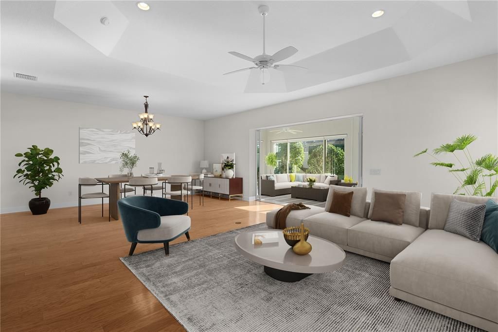 Chandelier, Dining room, Interior, Living room, Recessed Lighting, Wood Texture Flooring