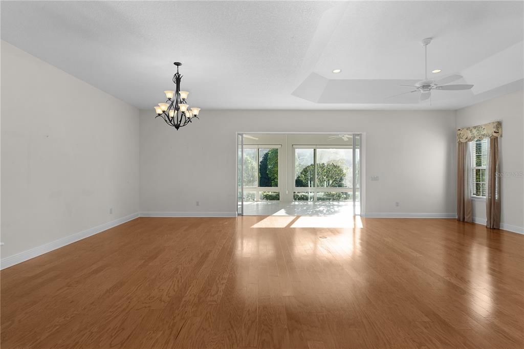 Chandelier, Empty room, Interior, Recessed Lighting, Wood Texture Flooring