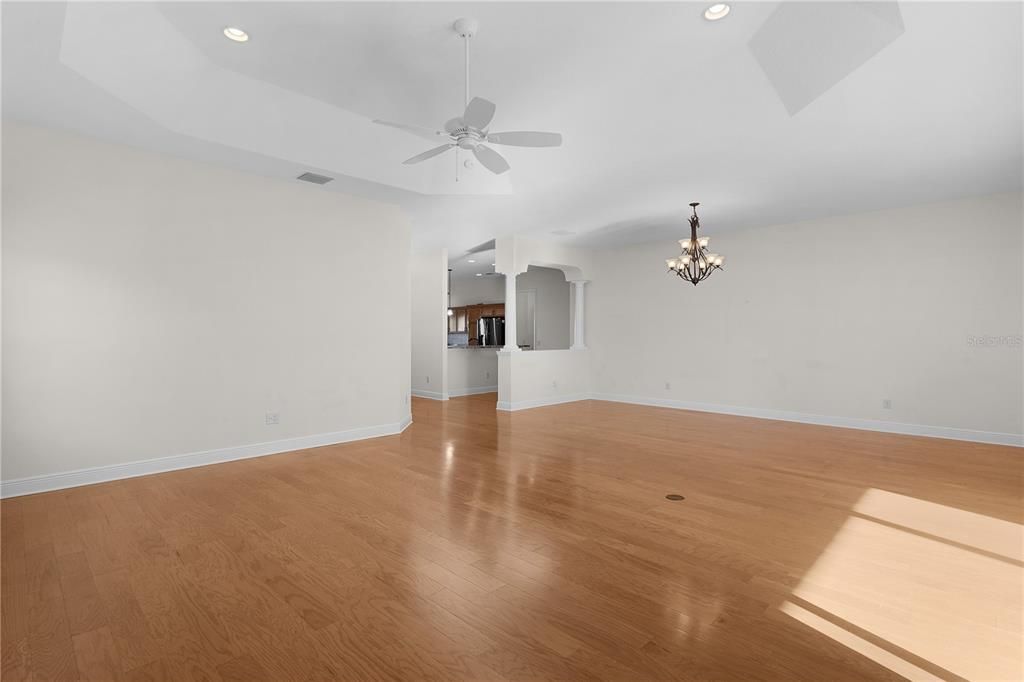 Chandelier, Empty room, Interior, Recessed Lighting, Wood Texture Flooring