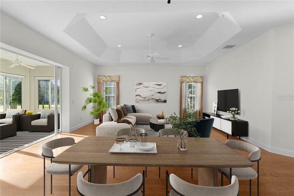 Dining room, Interior, Living room, Recessed Lighting, Wood Texture Flooring