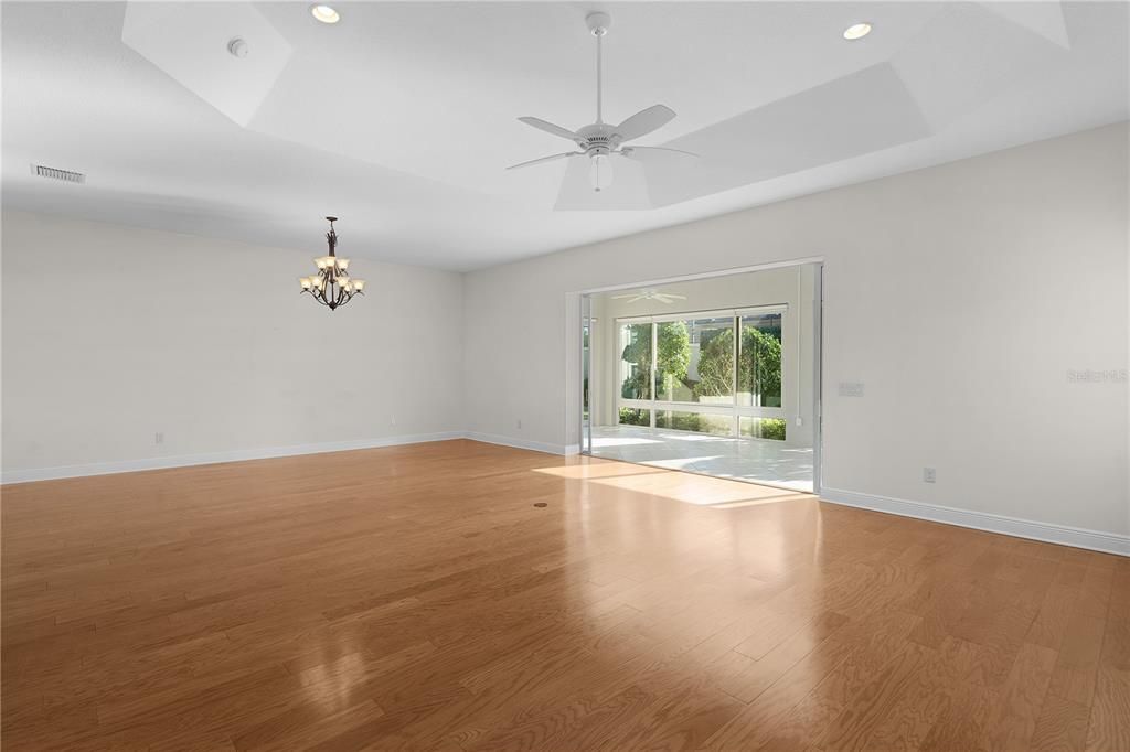 Chandelier, Empty room, Interior, Recessed Lighting, Wood Texture Flooring