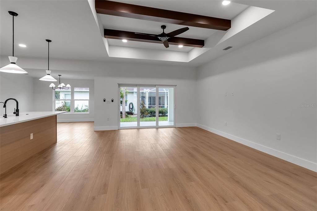 Empty room, Interior, Pendant Lights, Recessed Lighting, Wooden Beams, Wood Texture Flooring