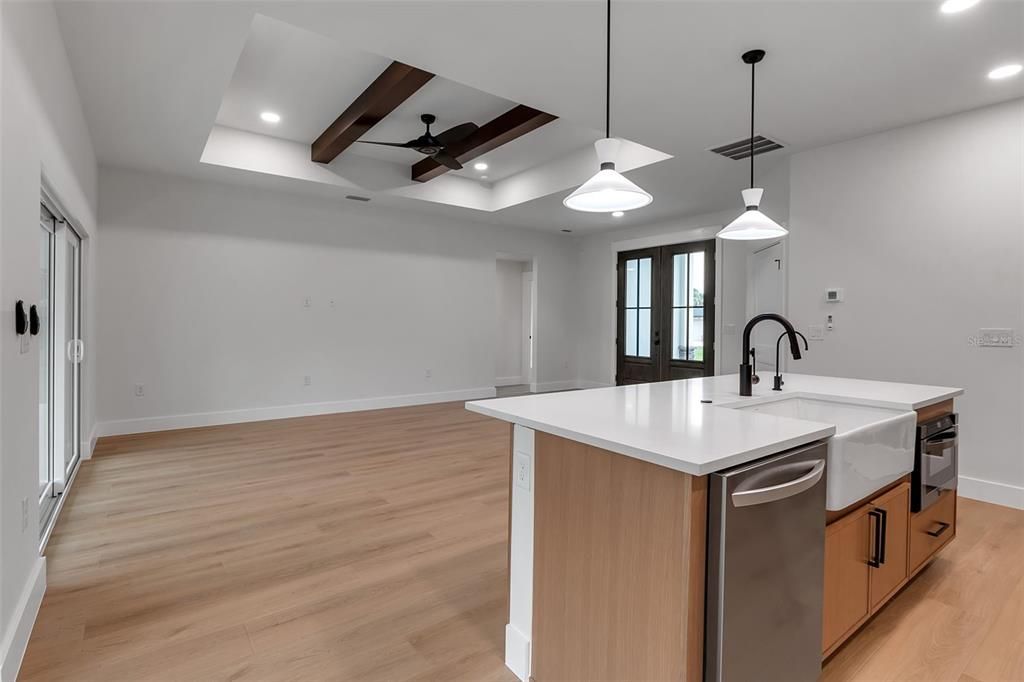Interior, Kitchen, Pendant Lights, Recessed Lighting, Wood Texture Flooring