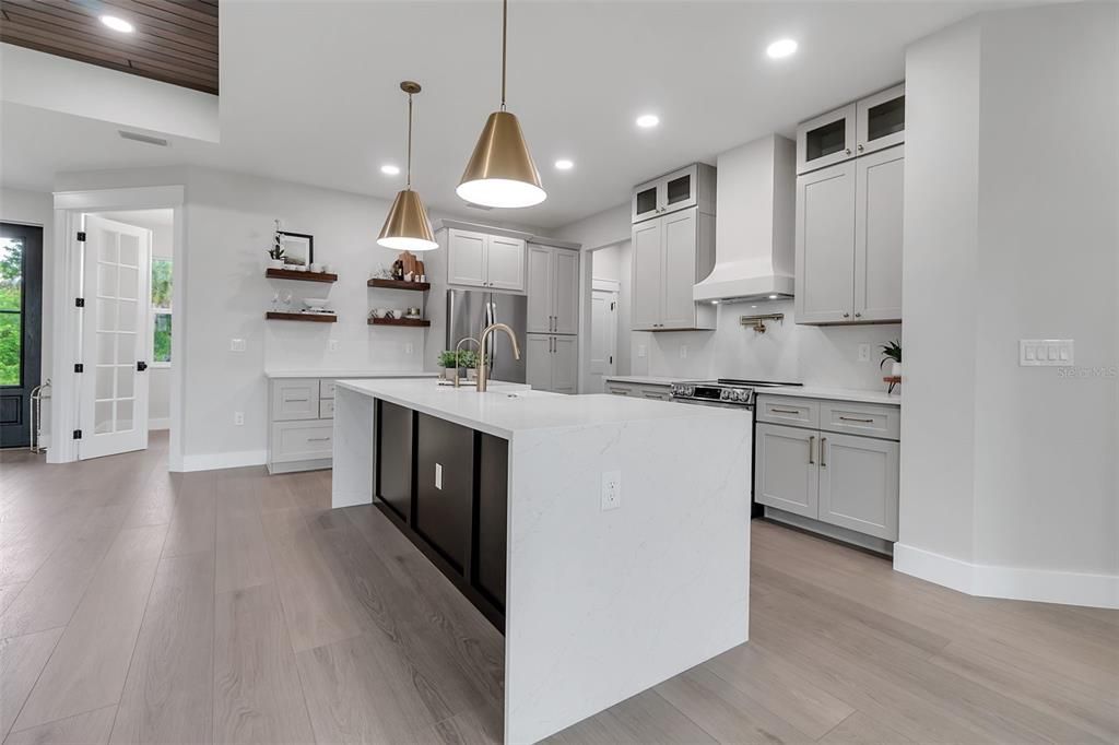 Interior, Kitchen, Pendant Lights, Recessed Lighting, Stainless Steel Appliances, Wooden Ceilings, Wood Texture Flooring