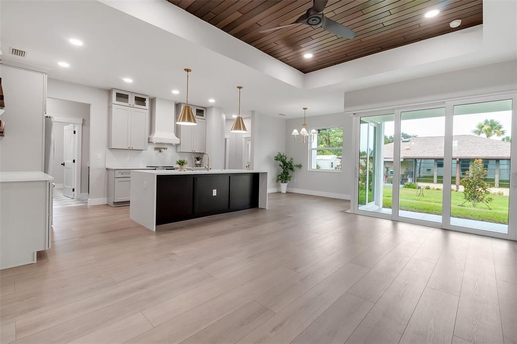 Interior, Kitchen, Pendant Lights, Recessed Lighting, Wooden Ceilings, Wood Texture Flooring