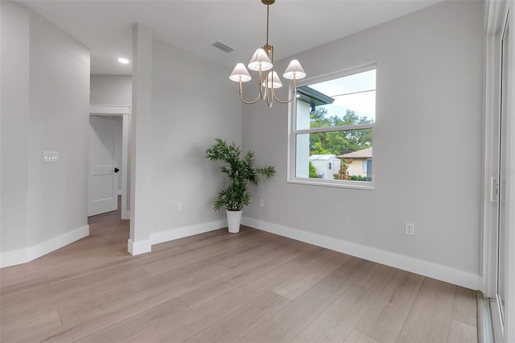 Chandelier, Empty room, Interior, Recessed Lighting, Wood Texture Flooring