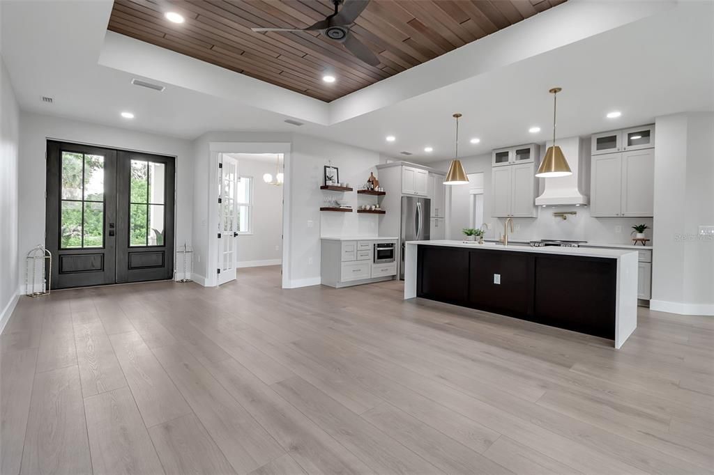 Interior, Kitchen, Pendant Lights, Recessed Lighting, Stainless Steel Appliances, Wooden Ceilings, Wood Texture Flooring