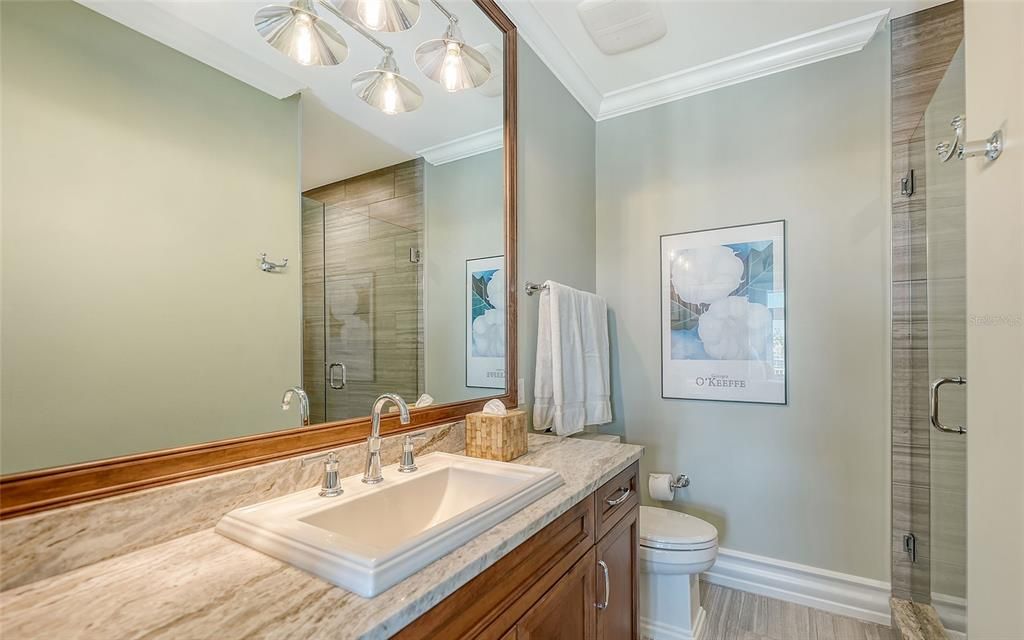 Bathroom, Glass Shower, Interior, Wood Texture Flooring