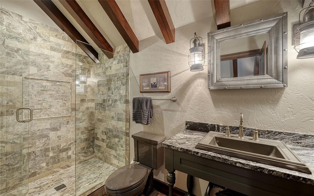 Bathroom, Glass Shower, Interior, Stone Walls, Wooden Beams