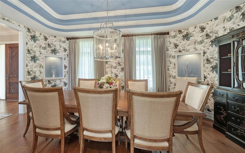 Dining room, Interior, Pendant Lights, Wood Texture Flooring