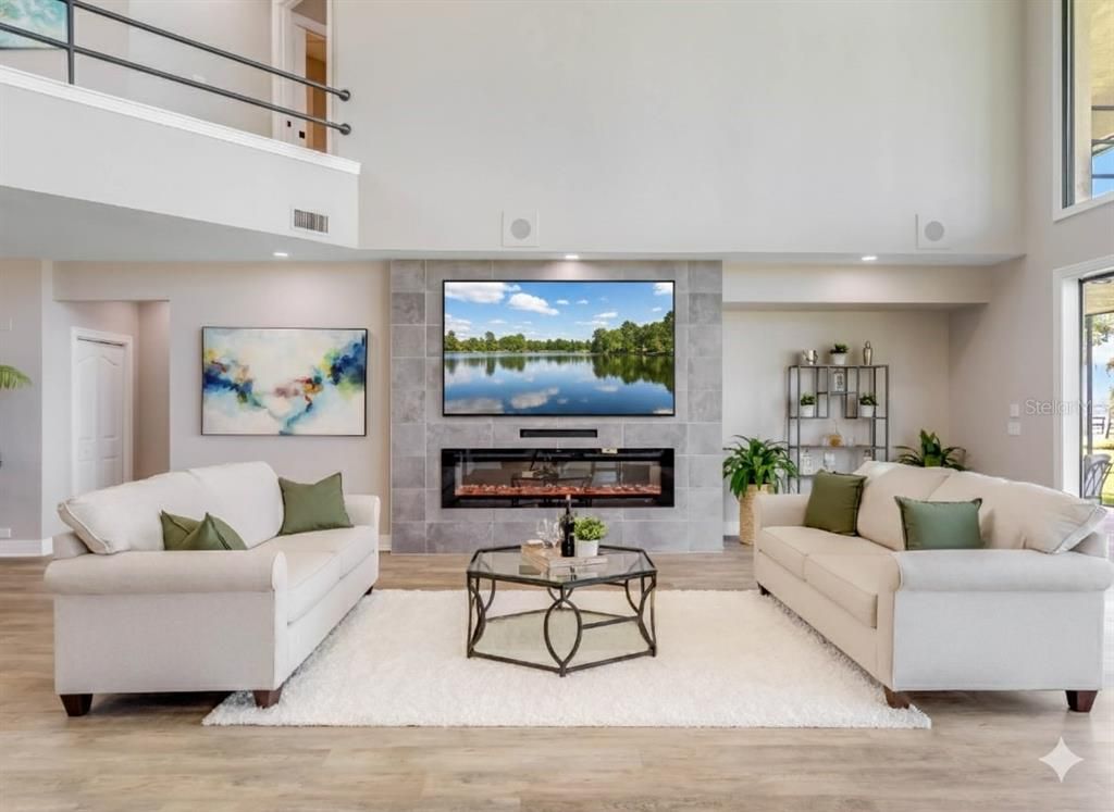 Fireplace, Interior, Living room, Recessed Lighting, Wood Texture Flooring