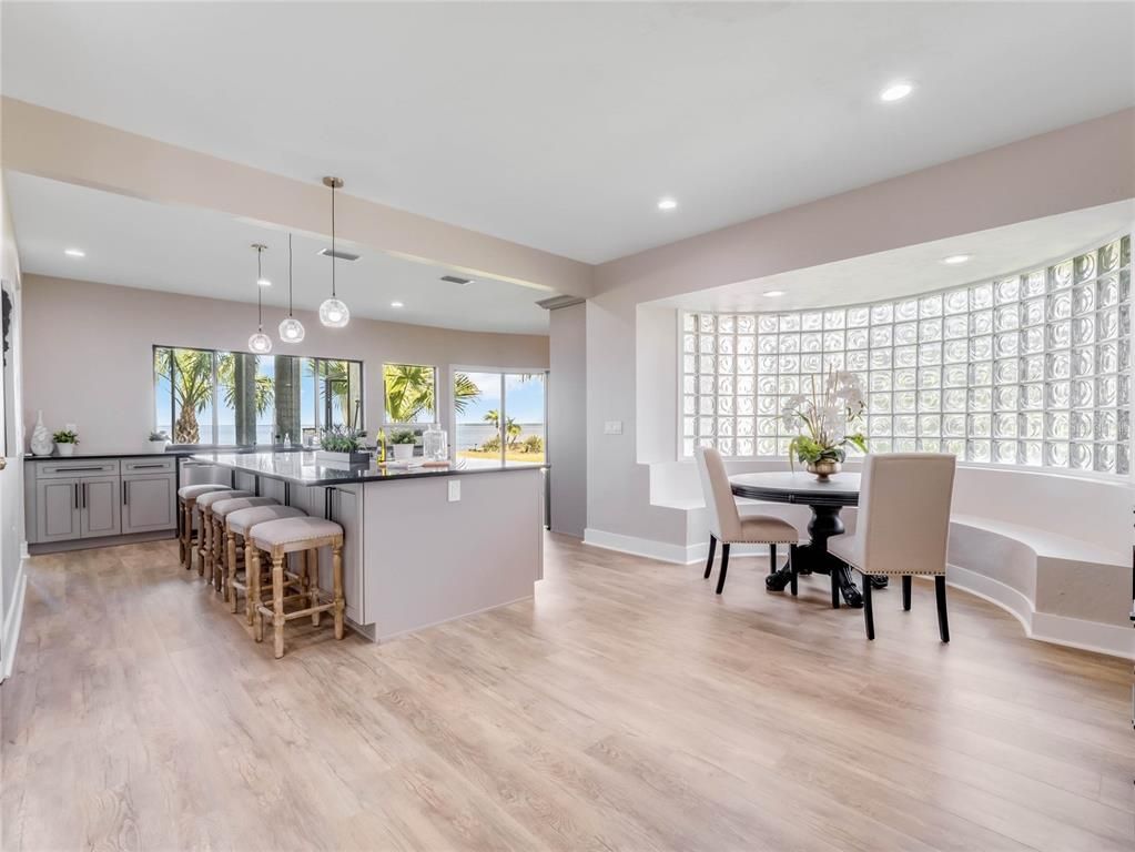 Dining room, Interior, Kitchen, Pendant Lights, Recessed Lighting, Wood Texture Flooring