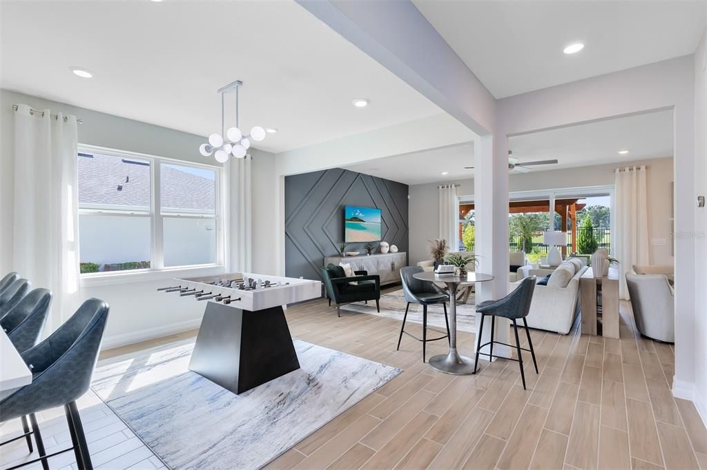 Game Room, Interior, Living room, Pendant Lights, Recessed Lighting, Wood Texture Flooring