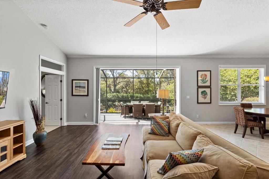 Dining room, Interior, Living room, Pendant Lights, Wood Texture Flooring