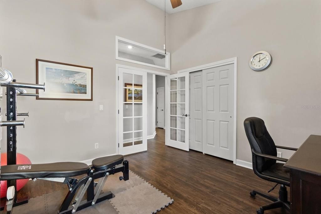 Fitness Equipment, Home Office, Interior, Recessed Lighting, Wood Texture Flooring