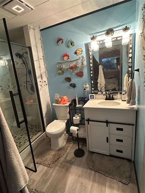 Bathroom, Glass Shower, Interior, Wood Texture Flooring