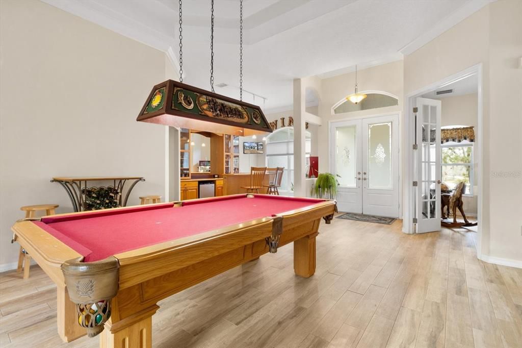 Billiard Table, Game Room, Interior, Pendant Lights, Wood Texture Flooring