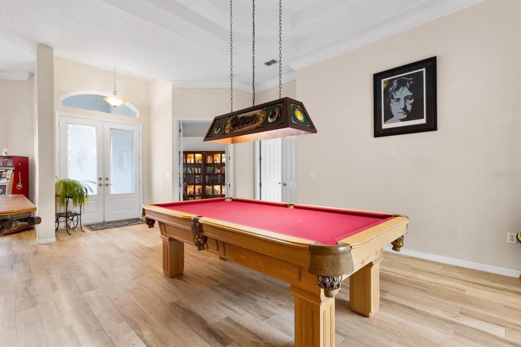 Billiard Table, Game Room, Interior, Pendant Lights, Wood Texture Flooring