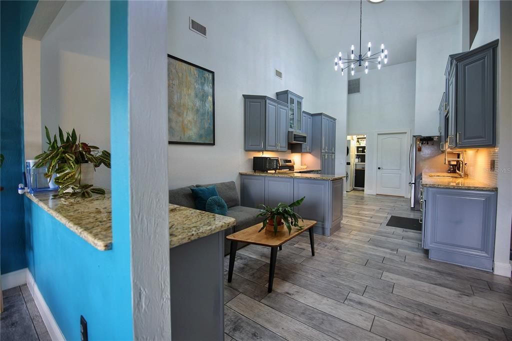 Interior, Kitchen, Pendant Lights, Wood Texture Flooring