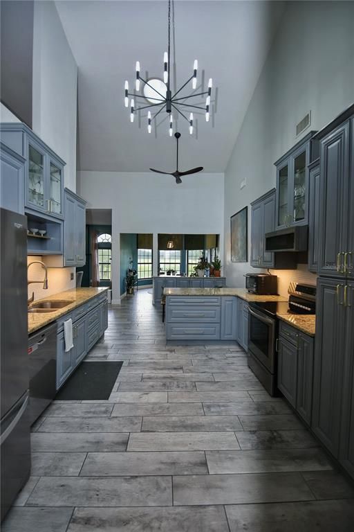 Chandelier, Interior, Kitchen, Pendant Lights, Wood Texture Flooring